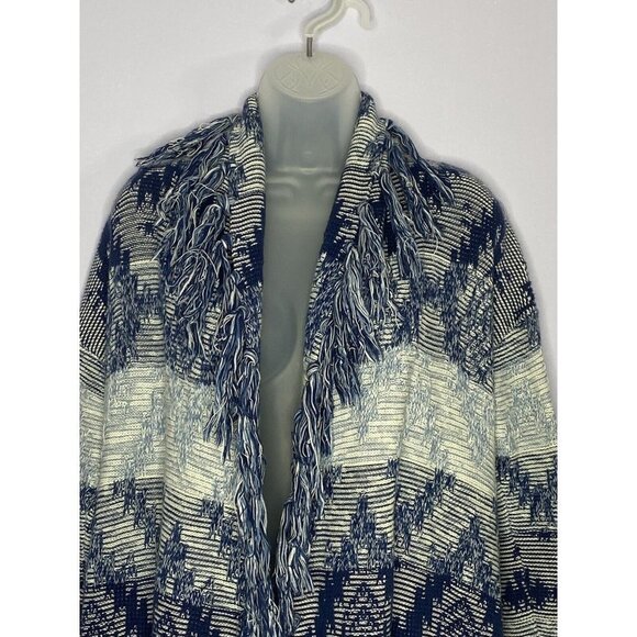 American Eagle Cardigan Sweater Womens XS Open Long Aztec Fringe Blue Boho - Picture 3 of 7